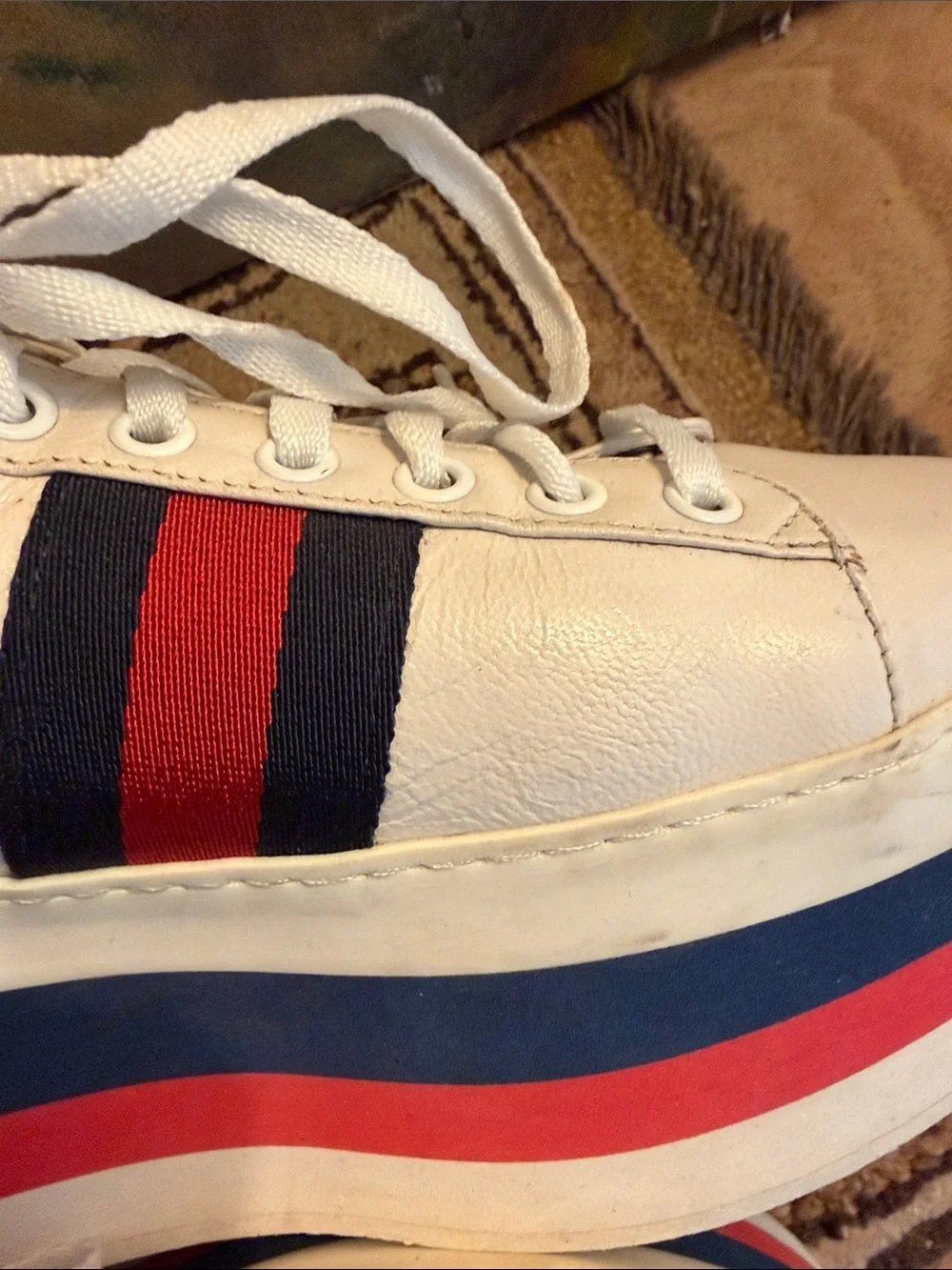 Gucci DAMAGED White Platform Sneakers with Red and Blue Stripe Accents - SZ 38